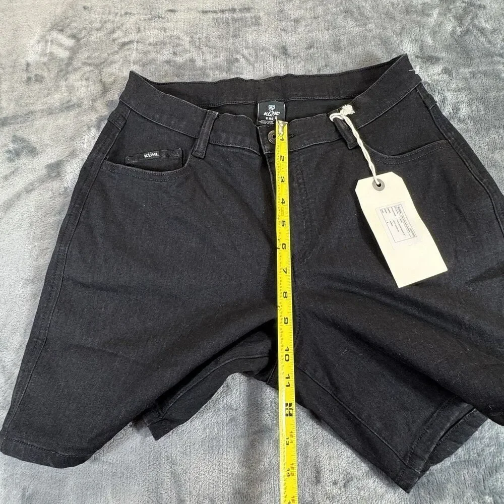 KUHL Sz 6 Flex Denim Jean Shorts 6” Black Summer Outdoor Stretch Drawstring NWT